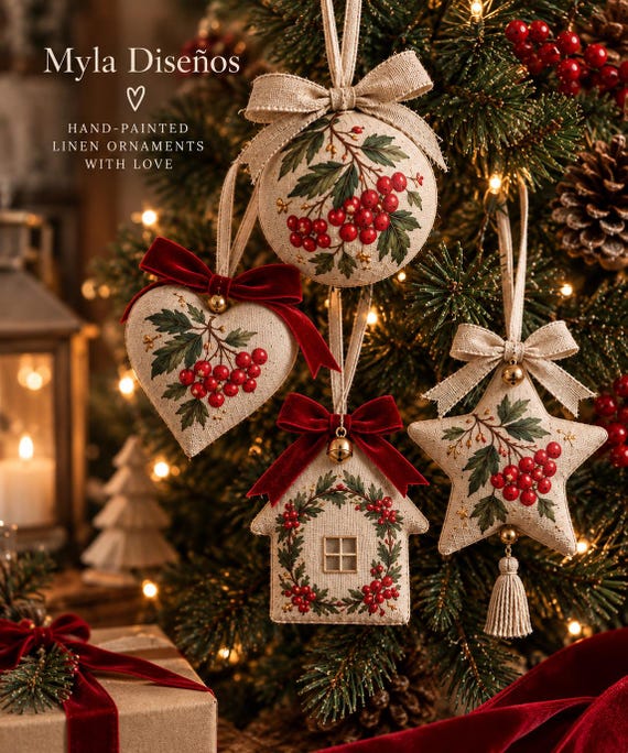 Hand Painted Linen Christmas Ornament, Ukrainian Kalyna Ornament, Personalized Christmas Decoration, Handmade Holiday Gift