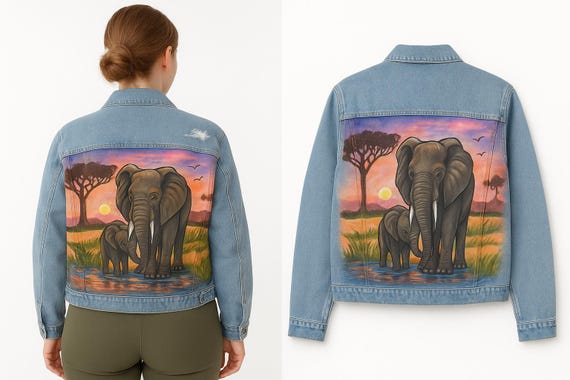 Hand Painted Denim Jacket Elephant, Custom Jean Jacket Women, Wearable Art Clothing, Animal Lover Gift, Sunsets Painted Jacket