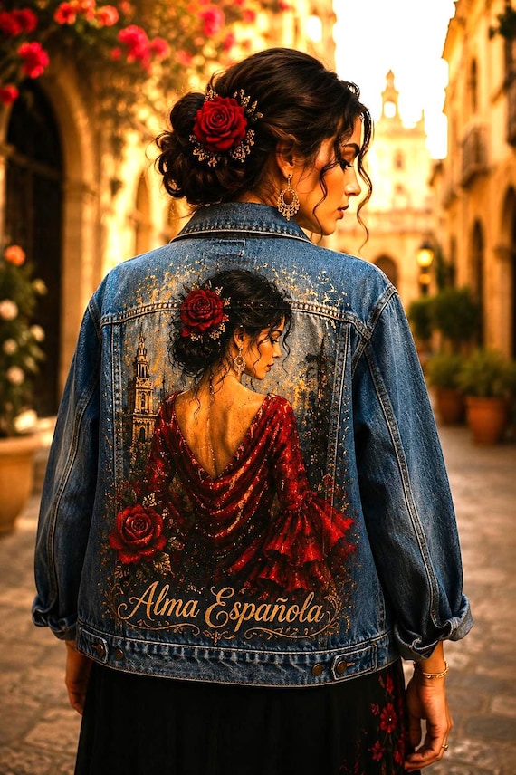 Hand Painted Denim Jacket, Flamenco Art Jacket, Spanish Style Wearable Art, One of a Kind Women’s Statement Jacket