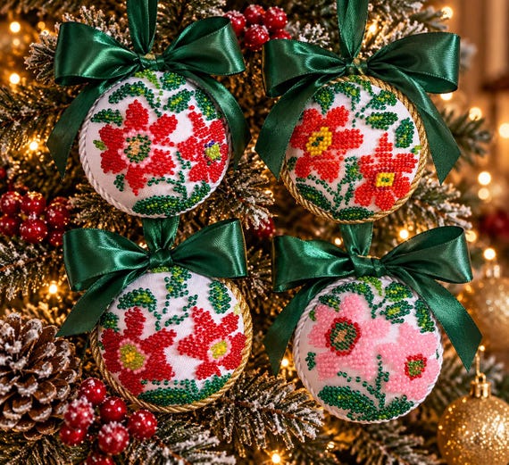 Set of 4 Handmade Beaded Christmas Ornaments, Floral Embroidered Tree Decorations, Green Satin Bows, Ukrainian Inspired Christmas Gift