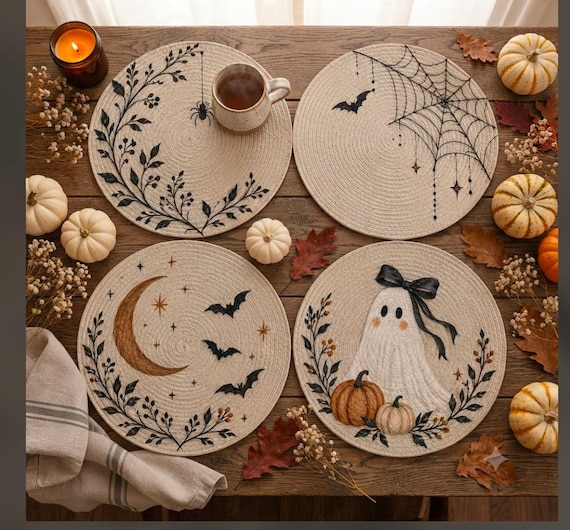 Hand Painted Halloween Placemats Set of 4, Woven Fall Table Decor, Ghost Spider Bat Moon, Autumn Dining Decor