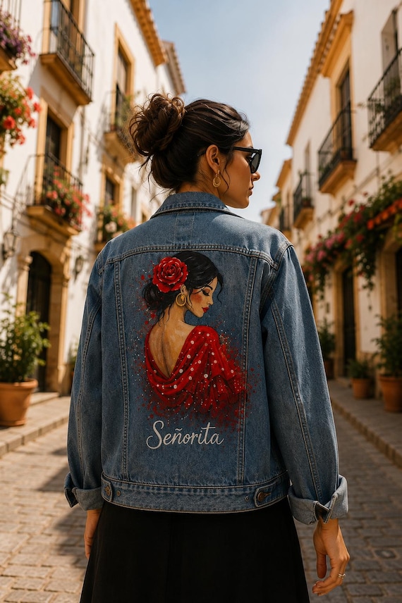 Hand Painted Denim Jacket, Flamenco Spanish Woman Jacket, Custom Jean Jacket, Señorita Art, Unique Gift for HerGift