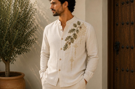 Men's Hand Painted Linen Blend Shirt, Oak Leaves & Acorns, Golden Ornament, Unique Handmade Gift for Him