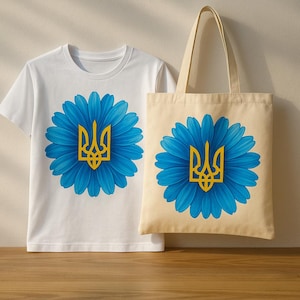 T-shirt blanc avec fleur bleue et symbole de l'Ukraine – Peint à la main – Comprend un sac cadeau – Tailles S à 3XL