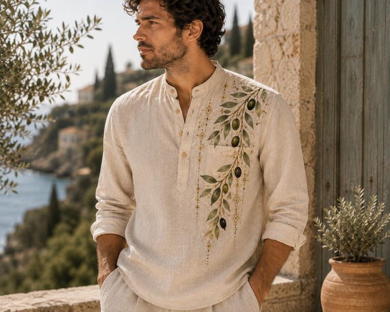Men's Hand Painted Linen Shirt, Olive Branch Shirt, Mediterranean Men's Shirt, Unique Wearable Art Gift for Him