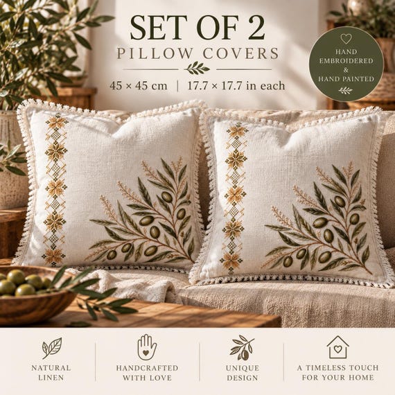 Hand Painted Olive Branch Pillow Covers Set of 2, Hand Embroidered Linen Cushion Covers, Ukrainian Handmade Home Decor, 45x45 cm