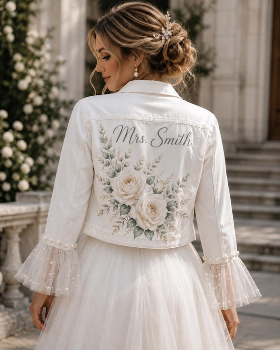 Hand Painted Bridal Denim Jacket, Personalized Mrs Wedding Jacket, Custom White Bride Jacket, Pearl Wedding Jacket