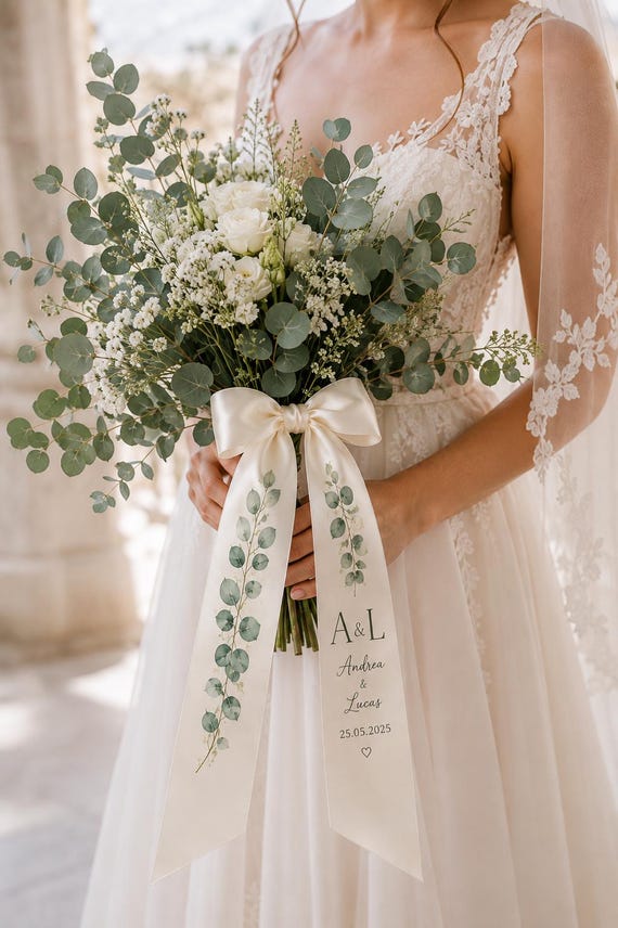Personalized Bridal Bouquet Ribbon, Hand Painted Eucalyptus Wedding Ribbon, Custom Names & Date, Bridal Bouquet Keepsake