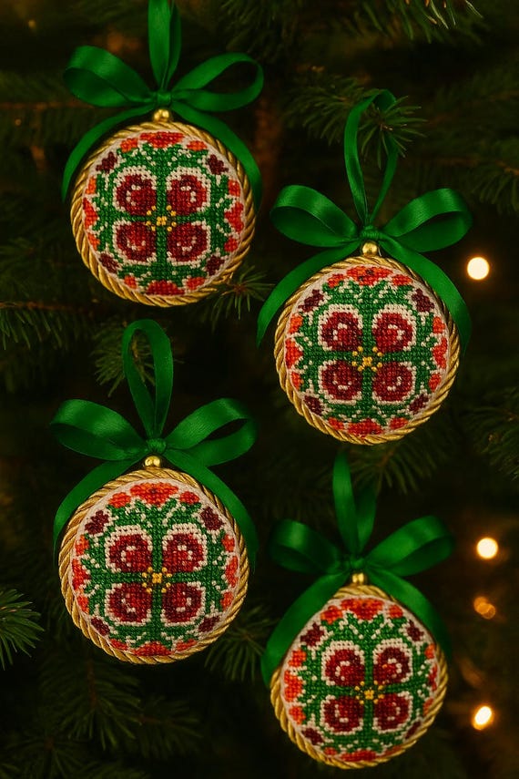 Handmade embroidered Christmas ornament set – red & green cross stitch holiday decor – unique Ukrainian gift – festive tree decorations