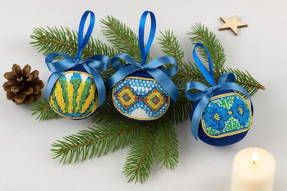 Hand embroidered Christmas ornament set – Blue & gold Ukrainian cross stitch decor – Holiday tree ornaments – Handmade festive gift