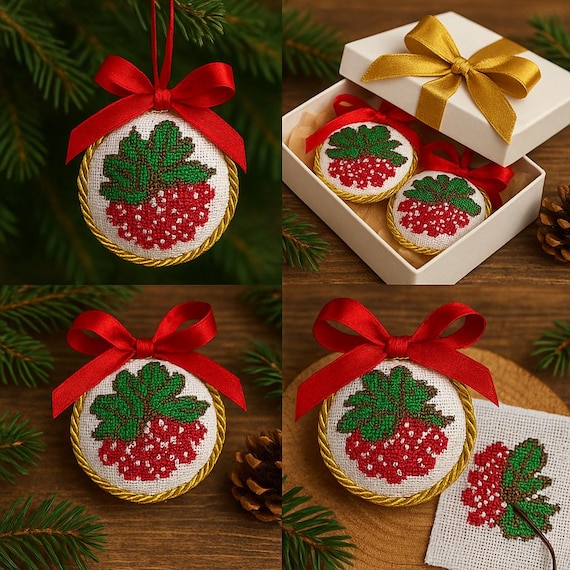 Set of 3 Cross Stitch Christmas Ornaments – Handmade Embroidered Holiday Decor