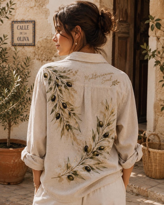Luxury Hand Painted Linen Shirt – Mediterranean Soul Olive Design – Custom Artisan Linen Blouse – Slow Fashion Made to Order