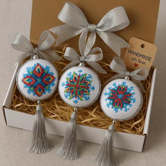 Handmade embroidered Christmas ornament – unique holiday decor created with love and precision.