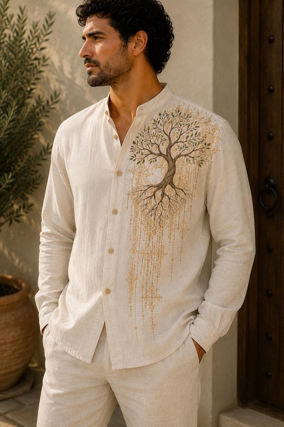 Men's Hand Painted Linen Blend Shirt, Tree of Life Shirt, Golden Ornament, Unique Personalized Gift for Him
