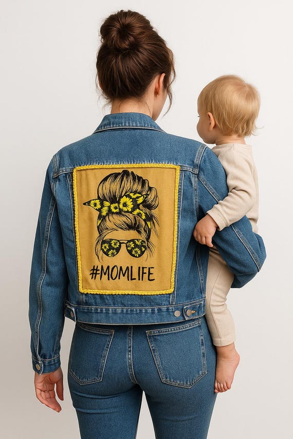 Hand-painted Denim Jacket with #MOMLIFE Patch – Unique Handmade Mom Gift – Upcycled Jean Jacket with Sunflowers – Custom Crochet Border