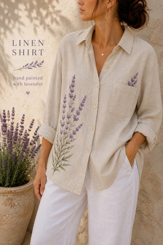 Hand Painted Linen Shirt with Lavender, Women’s Botanical Shirt, Floral Linen Blouse, Unique Handmade Clothing, Lavender Gift