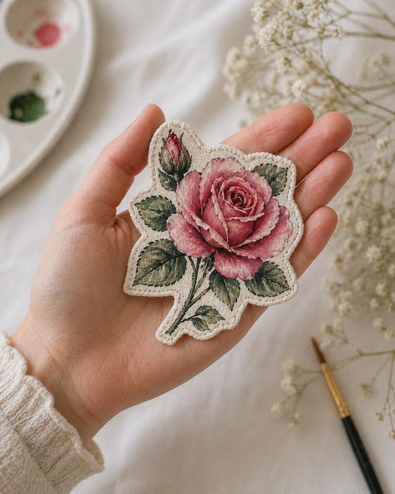 Hand Painted Rose Patch, Floral Fabric Patch, Custom Patch for Jacket, Tote Bag Patch, Handmade Rose Applique