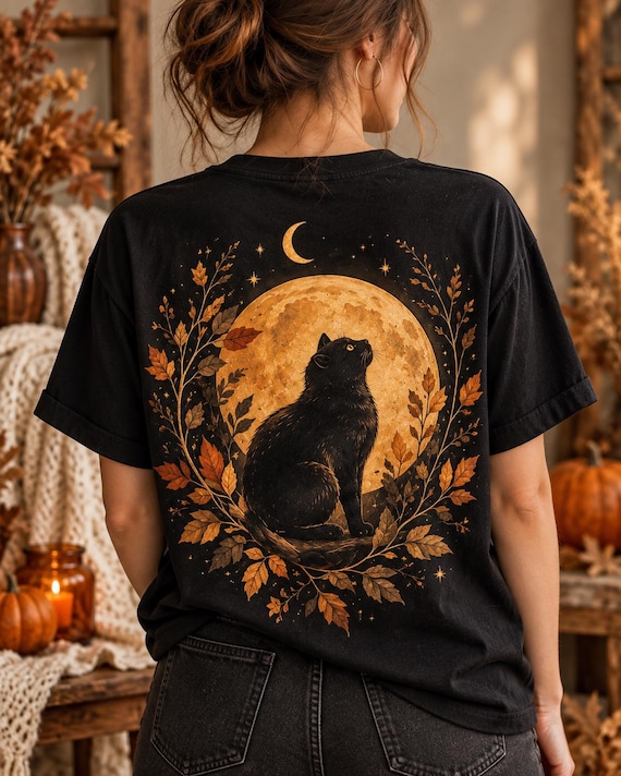 Hand-Painted Black Cat T-Shirt, Golden Moon Halloween Tee, Witchy Autumn Shirt