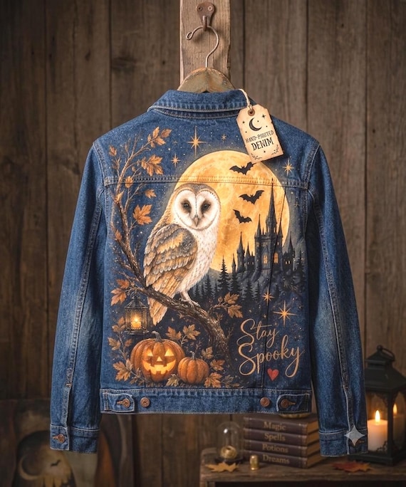 Hand Painted Halloween Denim Jacket, Owl & Moon Jacket, Witchy Gothic Jean Jacket, Spooky Wearable Art, Unique Halloween Gift