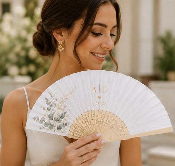 Hand Painted Wedding Fans, Personalized Guest Favors, Eucalyptus Wedding Decor, Custom Bridal Shower Gift, Unique Bulk Favors