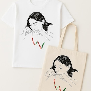 Minimalistisch Trading T-shirt – Vrouw snuift candlestick grafiek | Grappig Crypto Trader cadeau | Unisex handgeschilderd