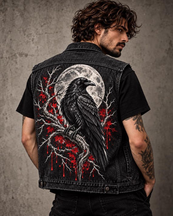 Hand Painted Raven Denim Vest, Gothic Vest, Custom Black Denim Vest, Wearable Art, Gothic Clothing