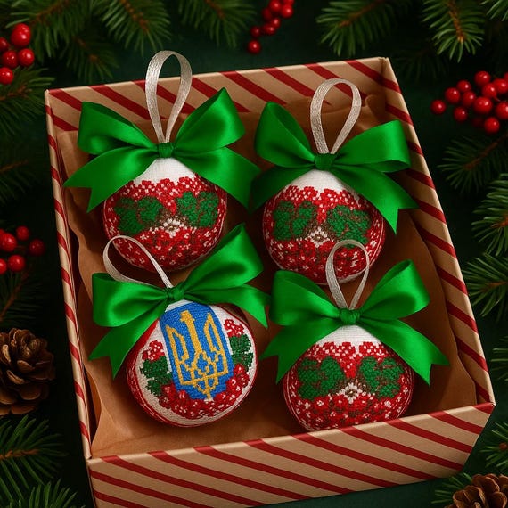 Set of 4 Cross Stitch Christmas Ornaments – Handmade Embroidered Holiday Decor