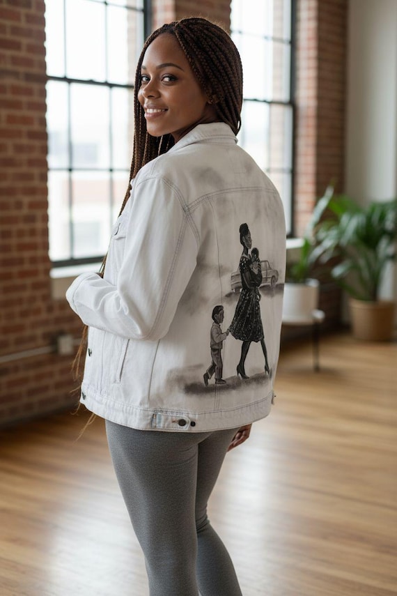 Unique Denim Jacket Hand Painted Mother and Kids Scene Custom Jean Jacket