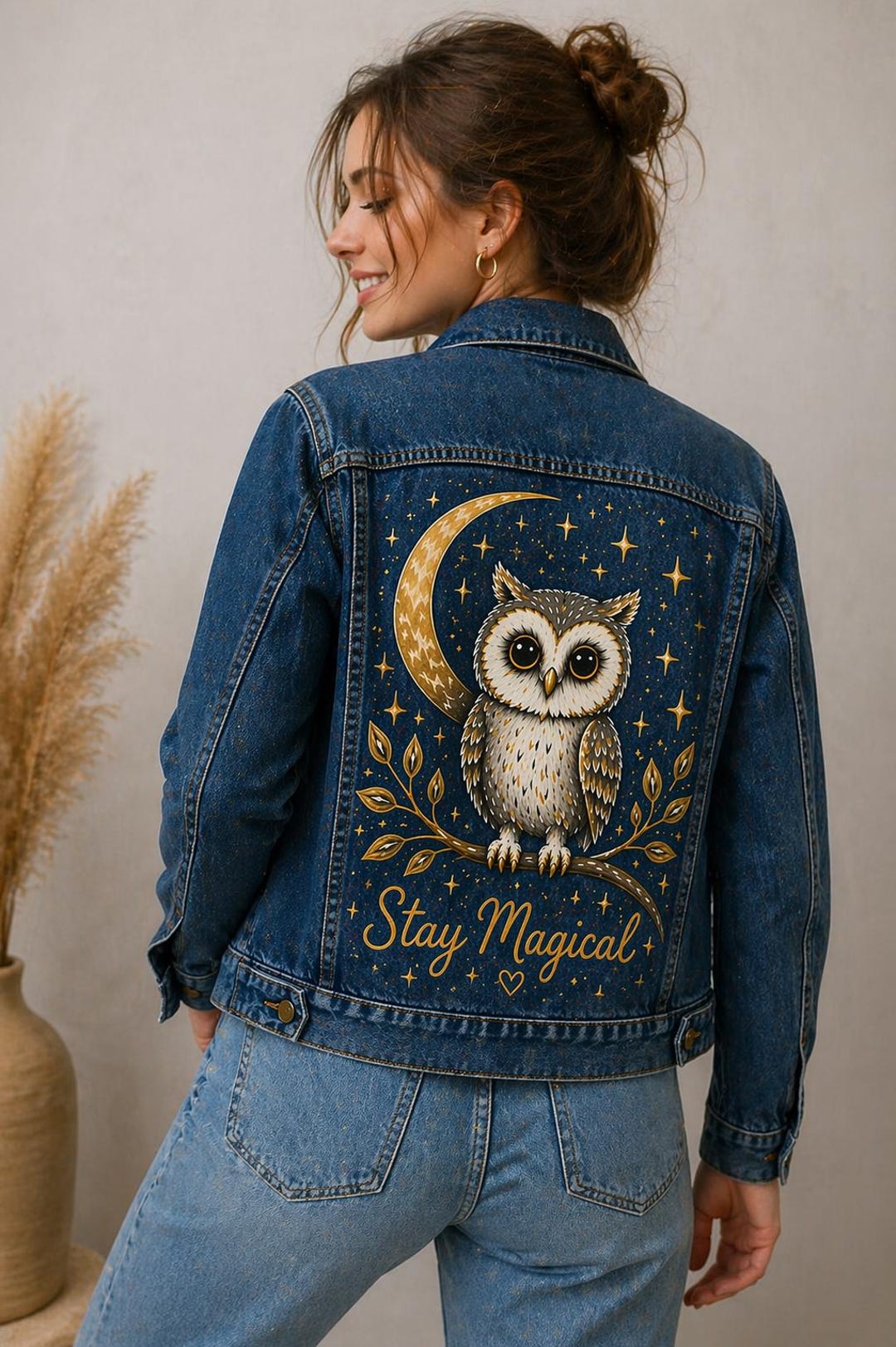 Hand Painted Denim Jacket Owl, Custom Jean Jacket, Stay Magical Jacket ...