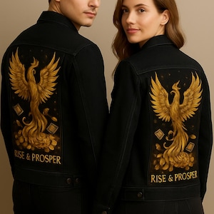 Puede incluir: Chaquetas vaqueras negras con un diseño de fénix dorado en la espalda. Las chaquetas presentan el texto "RISE & PROSPER" en dorado. El fénix se representa con alas extendidas y detalles intrincados.
