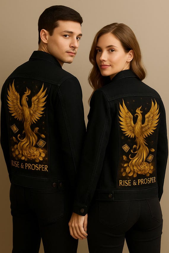 Hand Painted Unisex Denim Jacket Rise & Prosper.Phoenix Design.