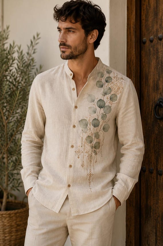 Men's Hand Painted Linen Blend Shirt, Eucalyptus Botanical Design, Mediterranean Ornament, Unique Gift for Him