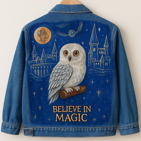 Hand-Painted Owl Denim Jacket | "Believe in Magic" Wearable Art | Custom Unique Jean Jacket | Enchanting Fantasy Gift