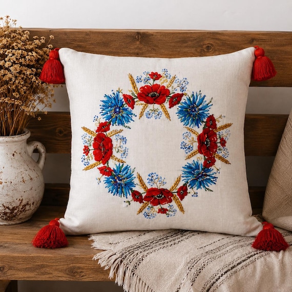 Hand Painted Linen Pillow Cover with Poppies | Ukrainian Folk Decor Cushion