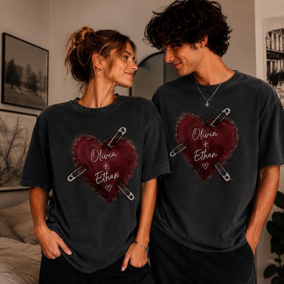 Custom Hand-Painted Couple Shirts, Personalized Matching Heart T-Shirts for Lovers, Vintage Washed Black Aesthetic Top, Alt Grunge Anniversa