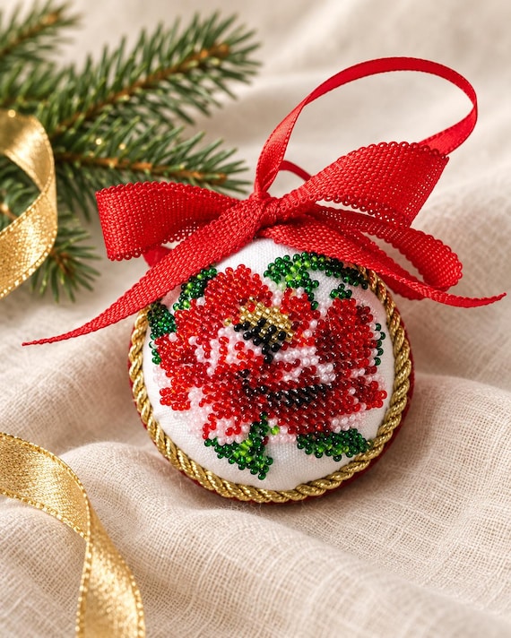 Handmade Beaded Christmas Ornament, Red Rose Tree Decoration, Luxury Holiday Bauble, Ready to Ship Christmas Gift