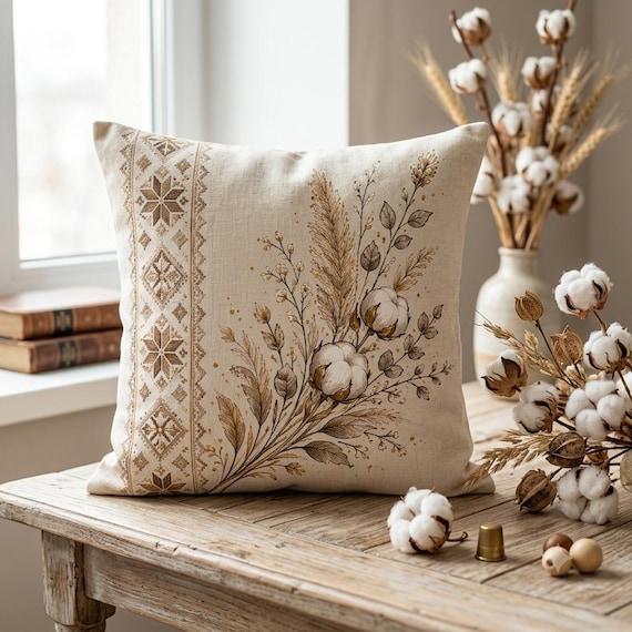 Hand-Painted Linen Throw Pillow – Botanical Cotton & Traditional Ornament – Personalized Artisan Home Decor