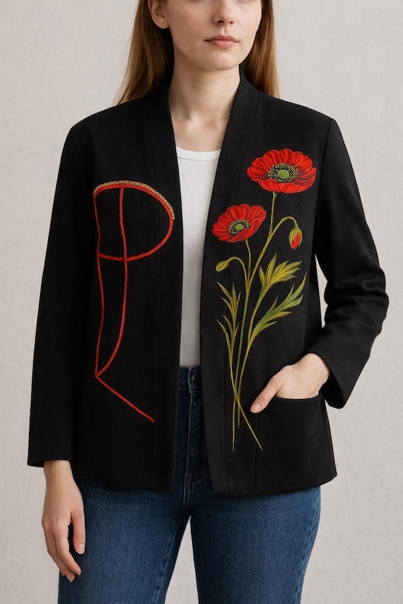 One-of-a-kind Hand-Painted Blazer with Red Poppies – Limited Edition