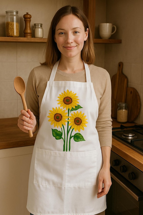 Hand-painted white apron with sunflowers. Unique and handmade art.