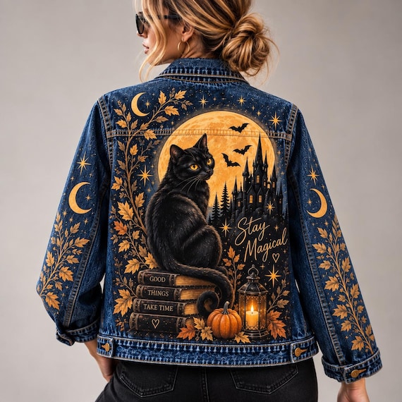 Hand Painted Black Cat Denim Jacket, Witchy Moon Jean Jacket, Celestial Gothic Jacket, Halloween Wearable Art, Cat Lover