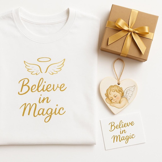 Hand painted angel gift set with T-shirt and wooden heart hand made Christmas present
