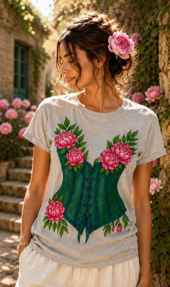 Hand-Painted Floral Corset T-Shirt – Unique Artistic Clothing, Custom Gift for Her