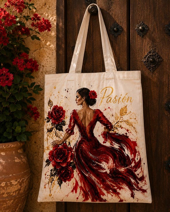 Passion tote bag Hand Painted Flamenco Tote Bag Spanish Soul Canvas Shopper Mediterranean Artistic Fashion