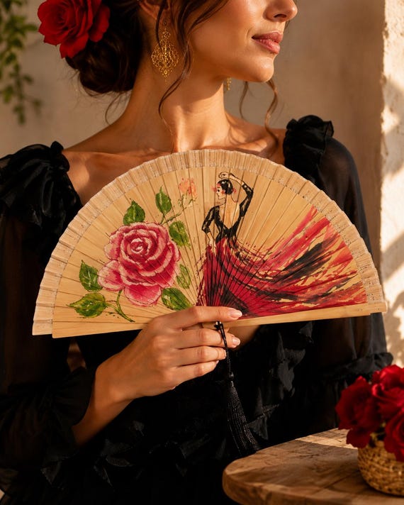 Hand Painted Flamenco Fan, Spanish Wooden Fan, Flamenco Rose Fan, Handmade Spanish Gift, Elegant Dance Fan, One of a Kind Art Fan
