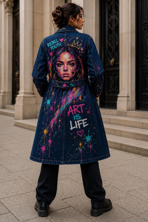 Hand Painted Denim Trench Coat, Graffiti Street Art Coat, Women's Long Jean Jacket, Custom Wearable Art, Statement Coat