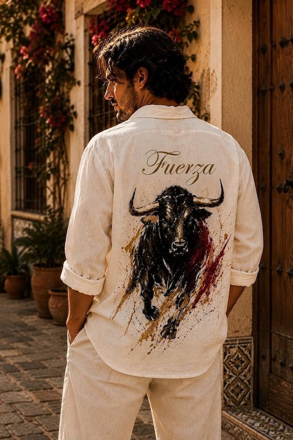 Fuerza linen shirt hand painted men's Spanish soul fashion Mediterranean artisan clothing