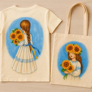 T-shirt et sac peints à la main – Fille ukrainienne avec des tournesols | Art populaire | Ensemble sur mesure | MYLA&ART