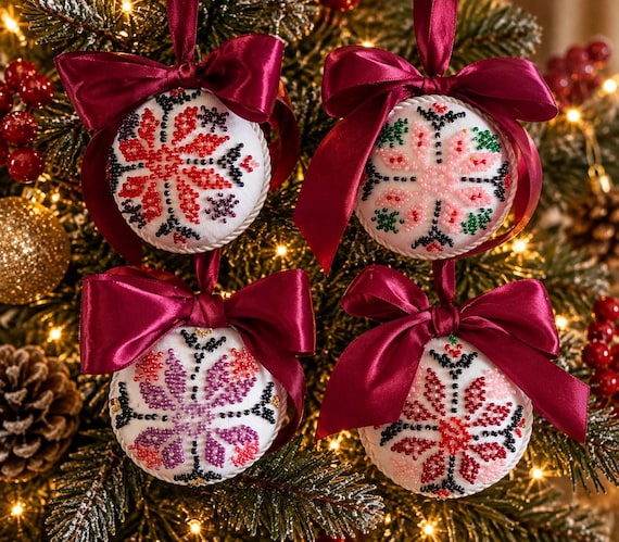 Set of 4 Handmade Beaded Christmas Ornaments, Burgundy Bow Decorations, Ukrainian Inspired Embroidery, Unique Christmas Gift