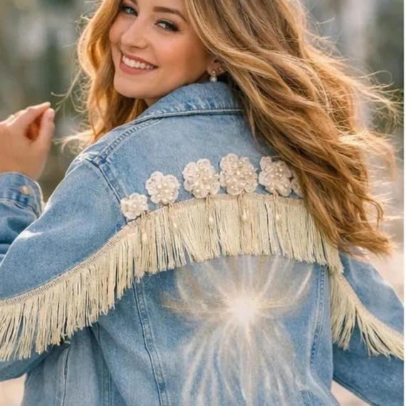 Hand Painted Denim Jacket Boho Bridal Jacket Fringe Denim Jacket Custom Jean Jacket Unique Handmade Gift For Her