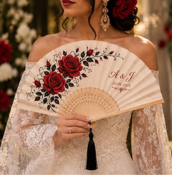 Personalized Wedding Fan, Hand Painted Red Roses, Spanish Bridal Fan, Custom Flamenco Abanico